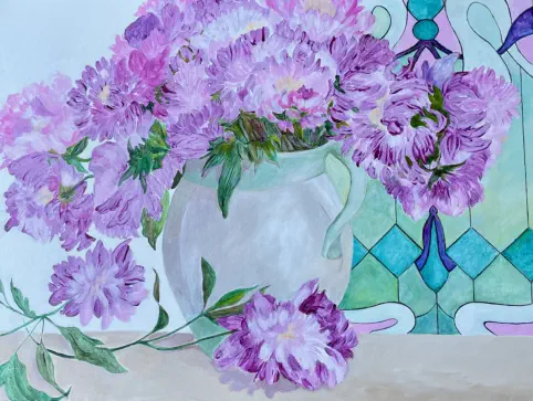 Peonies, pottery & stain glass